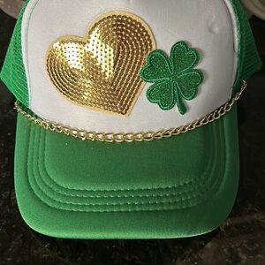 Green and White Trucker Hat with Gold Heart and Shamrock